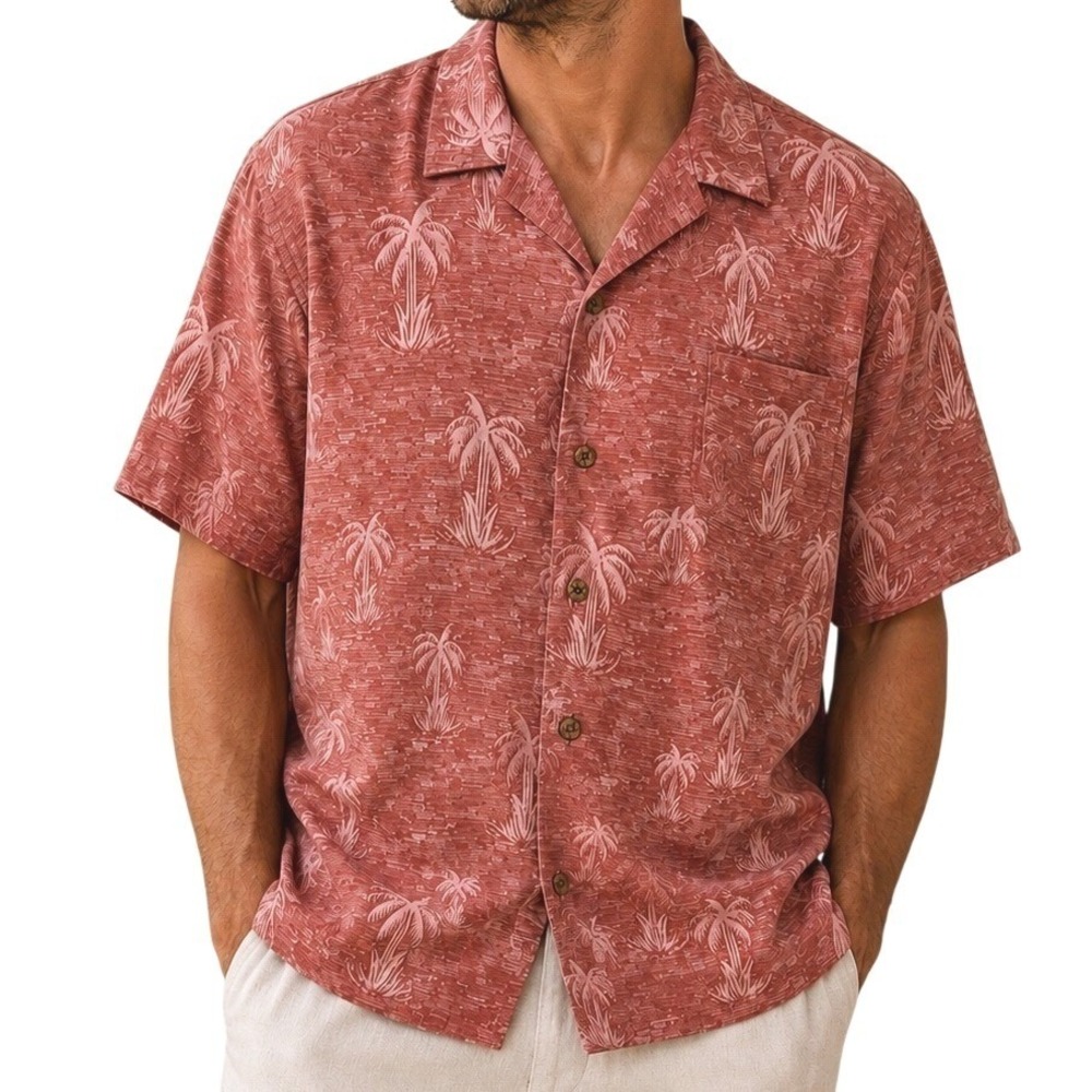 Boca Classics Mens Red Palm Tree Silk Hawaiian Button Down Shirt XL Tropical Top